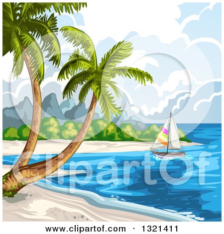 Clipart of a Tropical Beach with a Sailboat and Palm Trees - Royalty Free Vector Illustration by merlinul