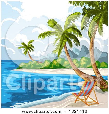 Clipart of a Chair on a Tropical Beach with Palm Trees - Royalty Free Vector Illustration by merlinul