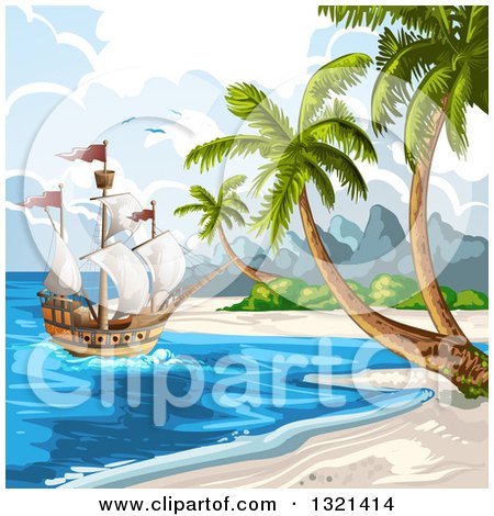 Clipart of a Ship at a Tropical Beach with Palm Trees - Royalty Free Vector Illustration by merlinul