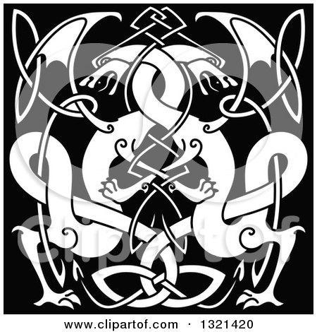 Clipart of White Celtic Knot Dragons on Black 3 - Royalty Free Vector Illustration by Vector Tradition SM