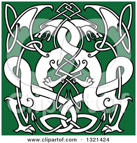 Clipart of White Celtic Knot Dragons on Green 3 - Royalty Free Vector Illustration by Vector Tradition SM