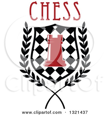 Clipart of a Red Chess Rook Piece in a Checkered Shield and Wreath with Text - Royalty Free Vector Illustration by Vector Tradition SM