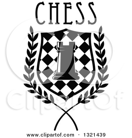 Clipart of a Black and White Chess Rook Piece in a Checkered Shield and Wreath with Text - Royalty Free Vector Illustration by Vector Tradition SM