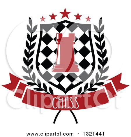 Clipart of a Red Chess Rook Piece in a Checkered Shield, with Stars and a Wreath over a Text Banner - Royalty Free Vector Illustration by Vector Tradition SM