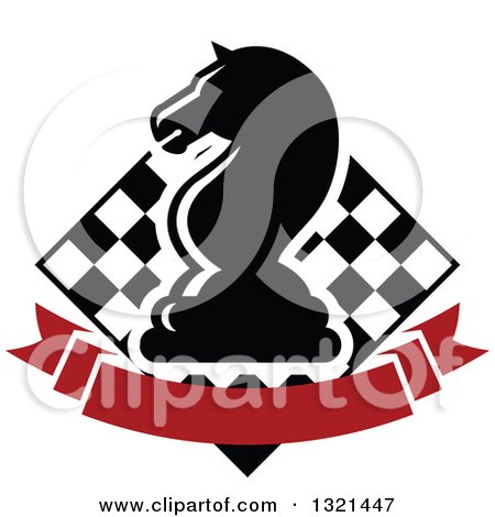 Clipart of a Chess Knight Horse Head Piece over a Checker Board and Blank Red Banner - Royalty Free Vector Illustration by Vector Tradition SM