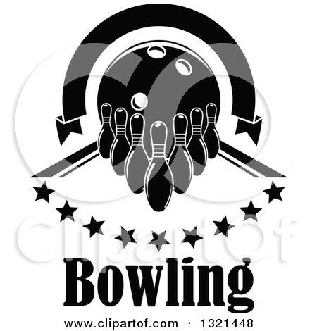 Clipart of a Blank Black and White Arch Ribbon Banner over a Bowling Ball, Pins and Stars over Text in an Alley - Royalty Free Vector Illustration by Vector Tradition SM