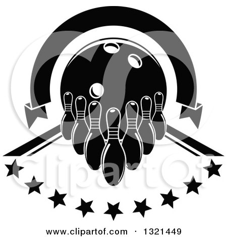 Clipart of a Blank Black and White Arch Ribbon Banner over a Bowling Ball, Pins and Stars in an Alley - Royalty Free Vector Illustration by Vector Tradition SM