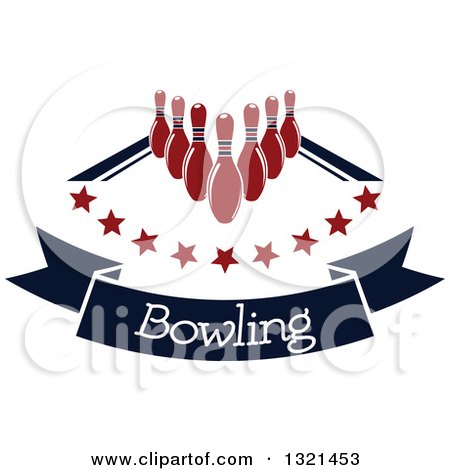 Clipart of Bowling Pins with Stars, an Alley and Navy Blue Tex Banner - Royalty Free Vector Illustration by Vector Tradition SM