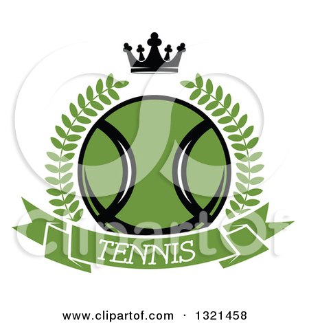 Clipart of a Green Tennis Ball in a Wreath over a Text Banner with a Crown - Royalty Free Vector Illustration by Vector Tradition SM