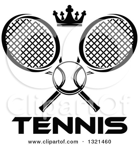 Clipart of a Black and White Tennis Ball and Crown with Crossed Rackets over Text - Royalty Free Vector Illustration by Vector Tradition SM