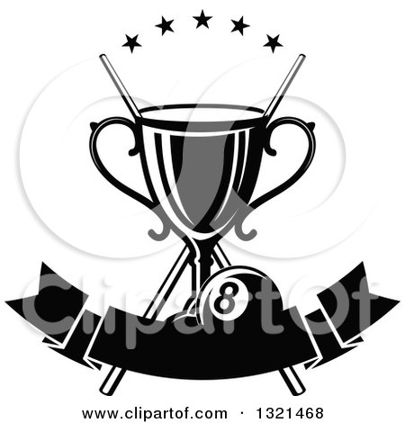 Clipart of a Black and White Championship Trophy with Crossed Cue Sticks, Stars and an Eight Ball over a Blank Banner - Royalty Free Vector Illustration by Vector Tradition SM