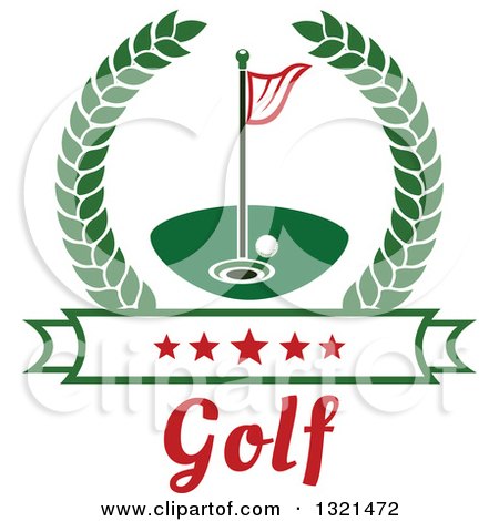 Clipart of a Golf Ball, Flag and Hole in a Wreath over a Star Banner and Text - Royalty Free Vector Illustration by Vector Tradition SM