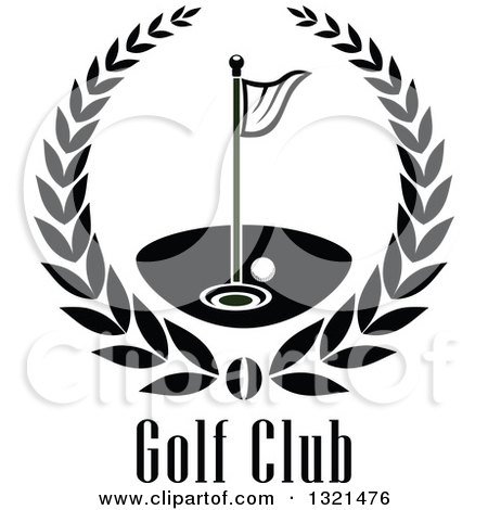Clipart of a Navy Blue and Black Golf Ball, Flag and Hole in a Wreath over Text - Royalty Free Vector Illustration by Vector Tradition SM