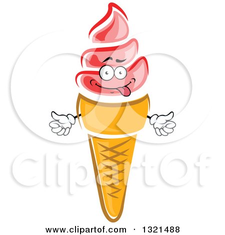 Clipart of a Cartoon Goofy Pink Strawberry Waffle Ice Cream Cone Character - Royalty Free Vector Illustration by Vector Tradition SM