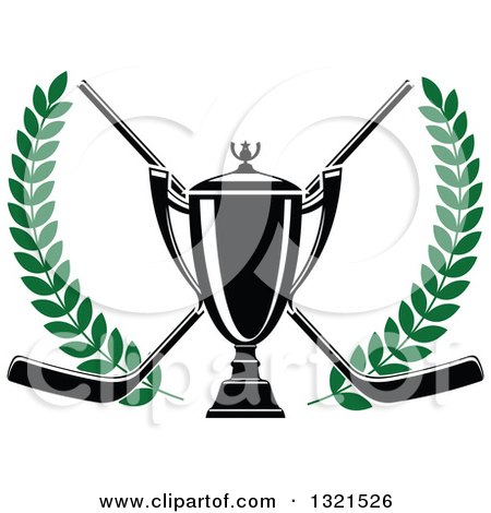 Clipart of a Black and White Hockey Trophy over Crossed Sticks in a Green Laurel Wreath - Royalty Free Vector Illustration by Vector Tradition SM