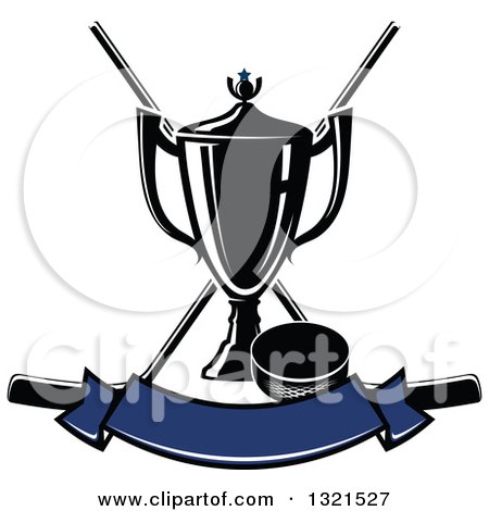 Clipart of a Black Hockey Trophy over Crossed Sticks with a Puck and Blank Blue Banner - Royalty Free Vector Illustration by Vector Tradition SM