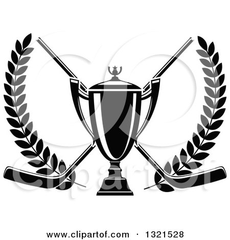 Clipart of a Black and White Hockey Trophy over Crossed Sticks in a Laurel Wreath - Royalty Free Vector Illustration by Vector Tradition SM