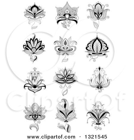 Clipart of a Black and White Henna and Lotus Flowers 14 - Royalty Free Vector Illustration by Vector Tradition SM