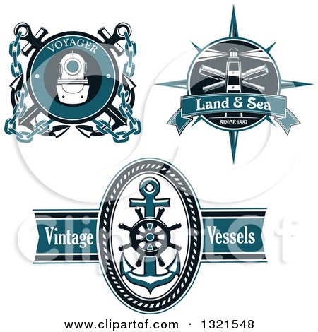 Clipart of Blue Nautical Lighthouse, Diving Helmet, Anchor and Helm Logos with Sample Text - Royalty Free Vector Illustration by Vector Tradition SM