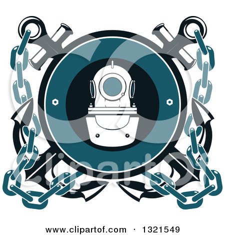 Clipart of a Blue Nautical Diver Helmet, Crossed Anchors and Chains - Royalty Free Vector Illustration by Vector Tradition SM