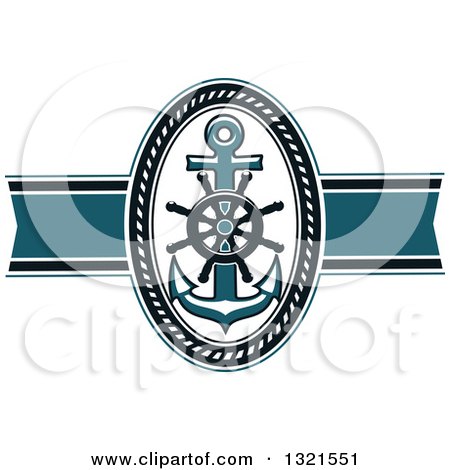 Clipart of a Blue Nautical Oval Rope Frame with an Anchor and Ship Helm - Royalty Free Vector Illustration by Vector Tradition SM
