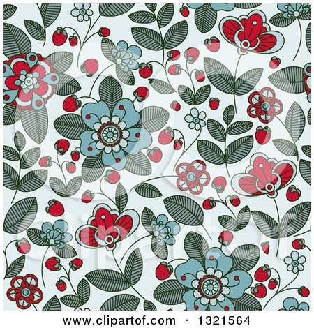 Clipart of a Seamless Background Pattern of Doodled Strawberry Blossoms, Plants and Berries over Blue 2 - Royalty Free Vector Illustration by Vector Tradition SM