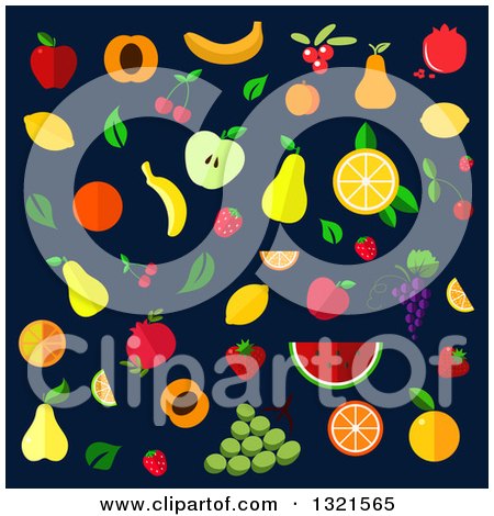 Clipart of Flat Design Fruits on Navy Blue - Royalty Free Vector Illustration by Vector Tradition SM