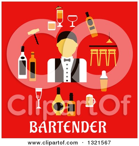 Clipart of a Flat Design of a Male Bartender with Accessories over Text on Red - Royalty Free Vector Illustration by Vector Tradition SM