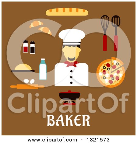 Clipart of a Flat Design of a Male Baker with Food over Text on Brown - Royalty Free Vector Illustration by Vector Tradition SM