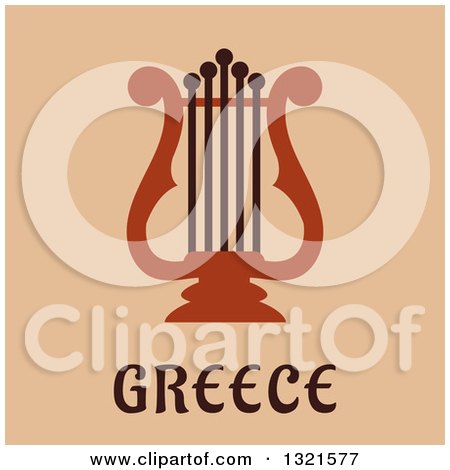 Clipart of a Flat Design Lyre Instrument over Greece Text on Tan - Royalty Free Vector Illustration by Vector Tradition SM