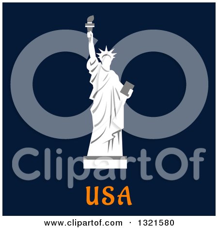 Clipart of a Flat Design Statue of Liberty over Usa Text on Navy Blue - Royalty Free Vector Illustration by Vector Tradition SM
