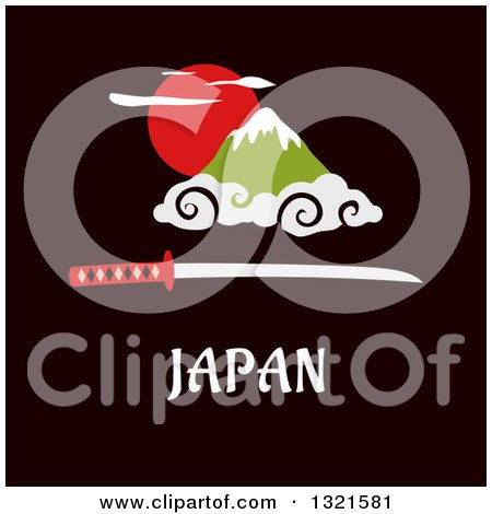 Clipart of a Flat Design of Fuji Mountain and Katana Samurai Sword over Text on Dark - Royalty Free Vector Illustration by Vector Tradition SM