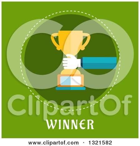 Clipart of a Flat Design Hand Holding a Trophy over Winner Text on Green - Royalty Free Vector Illustration by Vector Tradition SM