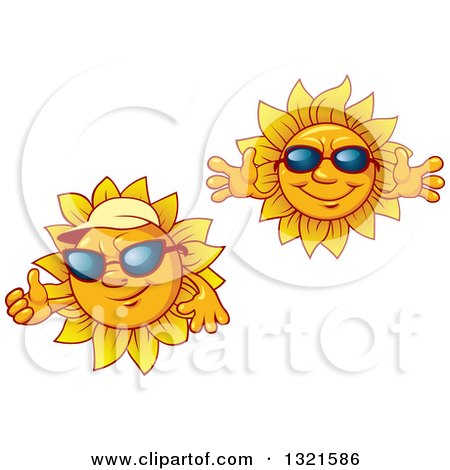 Clipart of Cartoon Sun Characters Wearing Shades and Sun Visor Hats - Royalty Free Vector Illustration by Vector Tradition SM