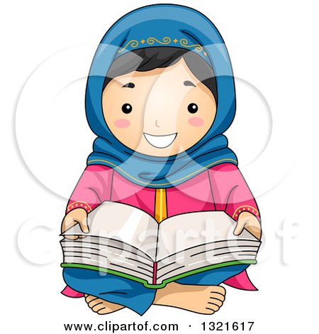 Clipart of a Happy Muslim Girl Sitting on the Floor and Reading the Quran - Royalty Free Vector Illustration by BNP Design Studio