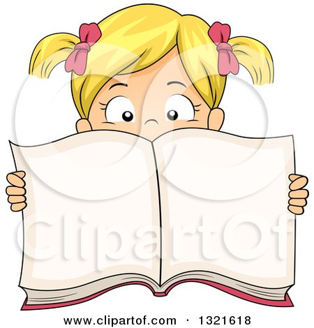 Clipart of a Blond White Girl with Her Hair in Pigtails, Holding Open and Showing a Book - Royalty Free Vector Illustration by BNP Design Studio