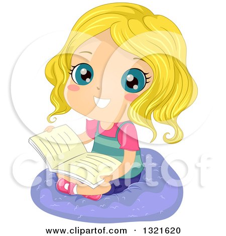 Clipart of a Happy Blond White Girl Sitting on a Cushion and Reading a Book - Royalty Free Vector Illustration by BNP Design Studio