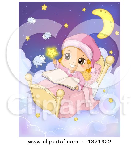 Clipart of a White Girl Touching a Star and Reading in Bed in the Night Sky - Royalty Free Vector Illustration by BNP Design Studio