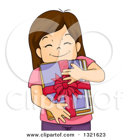 Clipart of a Happy Brunette White Girl Hugging a Bundle of Gifted Books - Royalty Free Vector Illustration by BNP Design Studio
