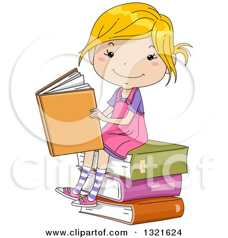 Clipart of a Sketched Happy Blond White Girl Sitting on a Stack of Books and Reading - Royalty Free Vector Illustration by BNP Design Studio