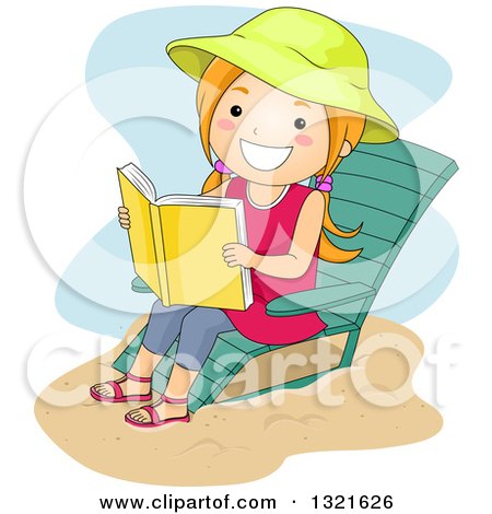Clipart of a Happy Red Haired White Girl Sitting on a Beach Chair and Reading - Royalty Free Vector Illustration by BNP Design Studio