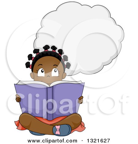 Clipart of a Thinking Black Girl Sitting on the Floor and Reading a Book - Royalty Free Vector Illustration by BNP Design Studio
