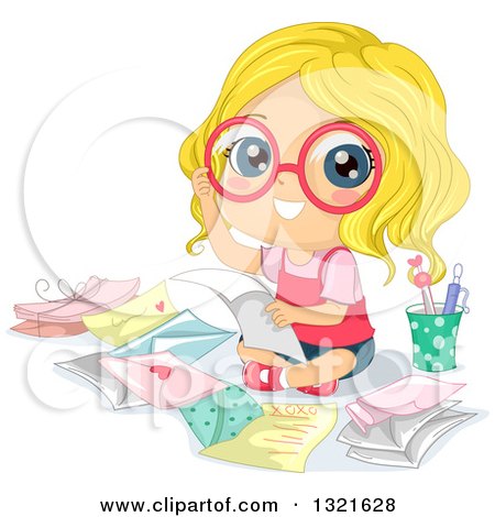 Clipart of a Happy Blond White Girl Wearing Glasses and Reading Love Letters on the Floor - Royalty Free Vector Illustration by BNP Design Studio
