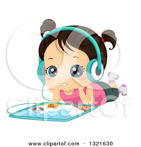 Clipart of a Happy Brunette Girl Resting on the Floor and Listening to an Audio Book on a Tablet Computer - Royalty Free Vector Illustration by BNP Design Studio