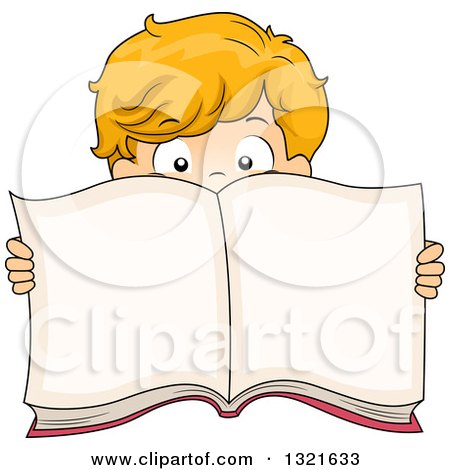 Clipart of a White Boy Peeking over and Holding an Open Book - Royalty Free Vector Illustration by BNP Design Studio