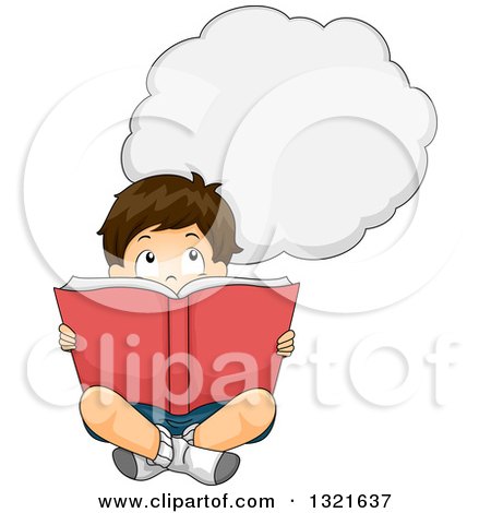 Clipart of a Thinking Brunette White Boy Sitting on the Floor and Reading a Book - Royalty Free Vector Illustration by BNP Design Studio
