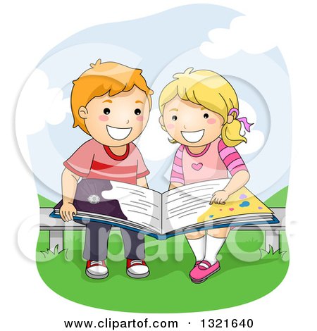 Clipart of a Happy White School Boy and Girl Reading a Book on a Park Bench - Royalty Free Vector Illustration by BNP Design Studio