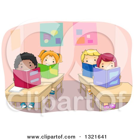 Clipart of a Class Room of Happy Children Reading Books at Their Desks - Royalty Free Vector Illustration by BNP Design Studio