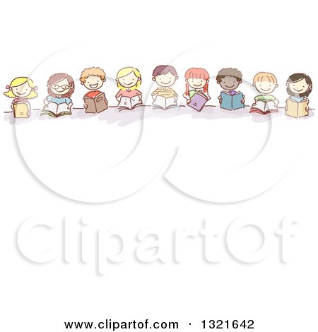 Clipart of a Line of Happy Sketched Children Reading Books over Text Space - Royalty Free Vector Illustration by BNP Design Studio