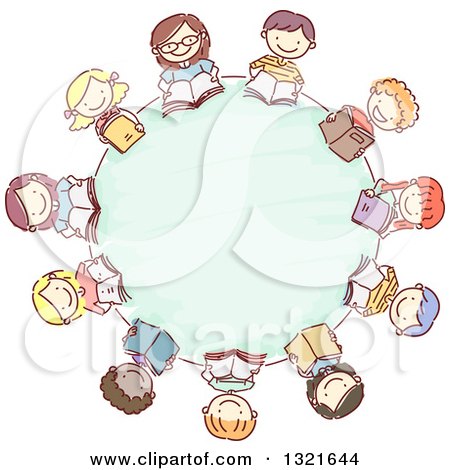 Clipart of a Sketched Circle of Happy Children Reading Books Around a Table - Royalty Free Vector Illustration by BNP Design Studio